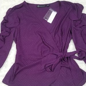 New York & Company surplice dots purple blouse  S